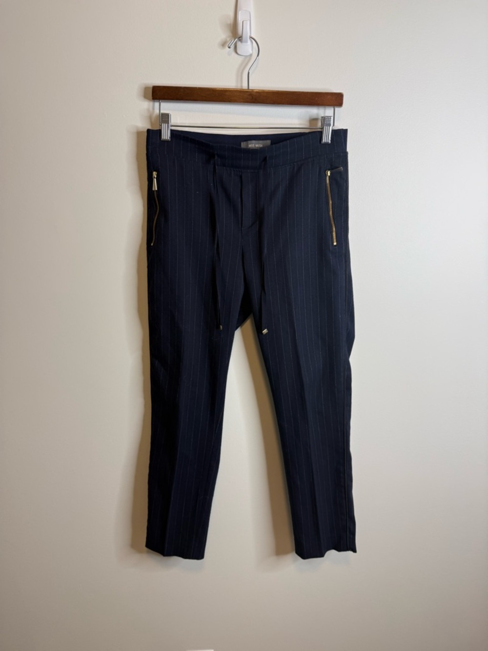 Mos mosh gabbi Navy Pinstripe Trousers with Gold Zip Details size 36